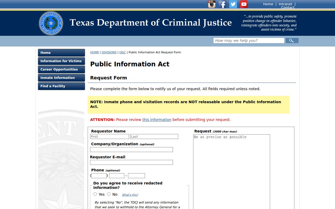 TDCJ public information request route for records after a Rule-area sentence