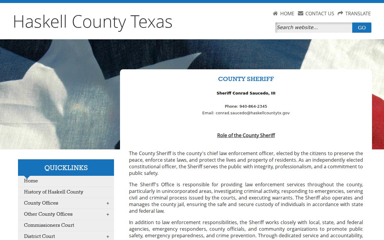 Haskell County Sheriff contact page for arrest and booking record requests