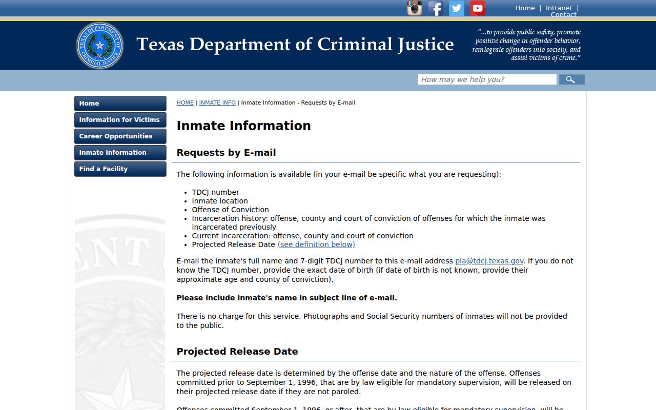 TDCJ email request instructions for offender and incarceration information