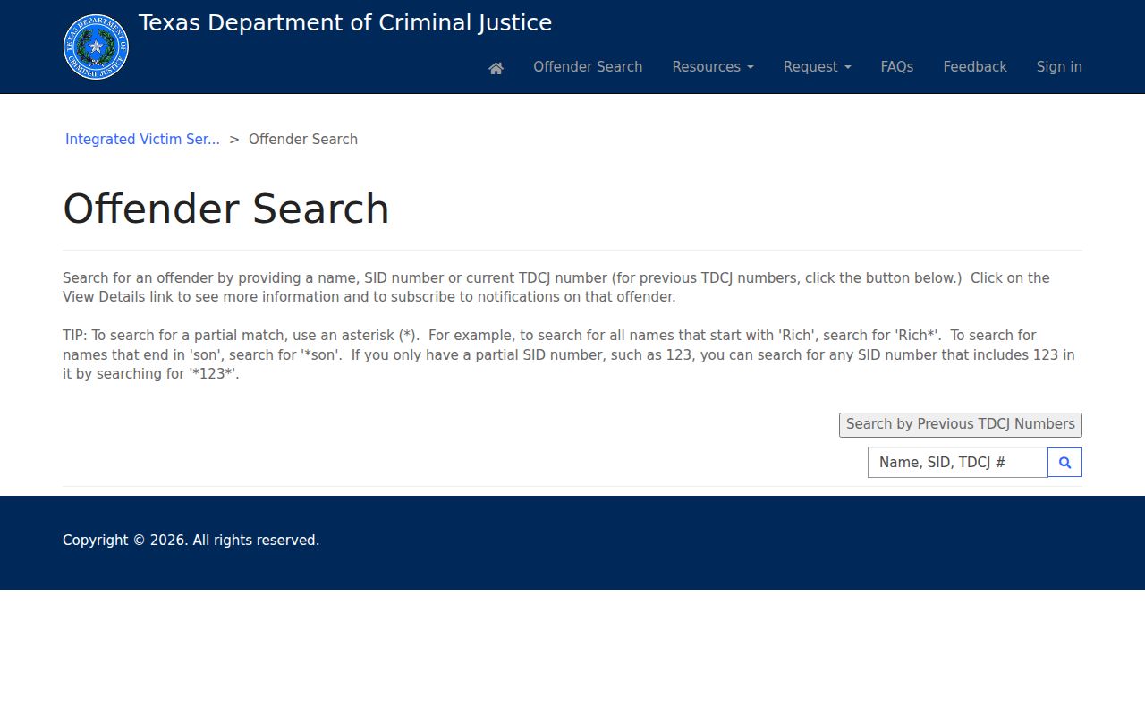 TDCJ IVSS offender search fields for name SID and TDCJ number