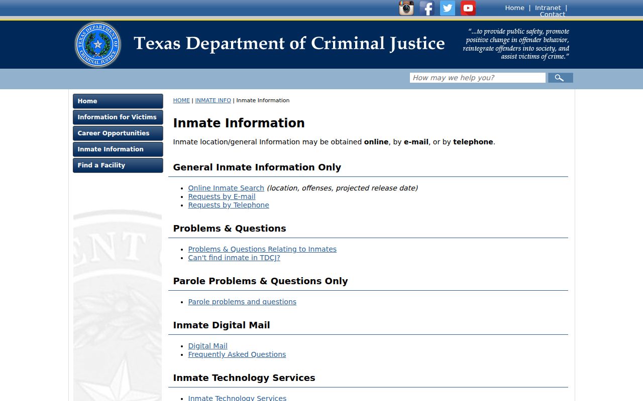 TDCJ offender information page for state custody after a Haskell County case