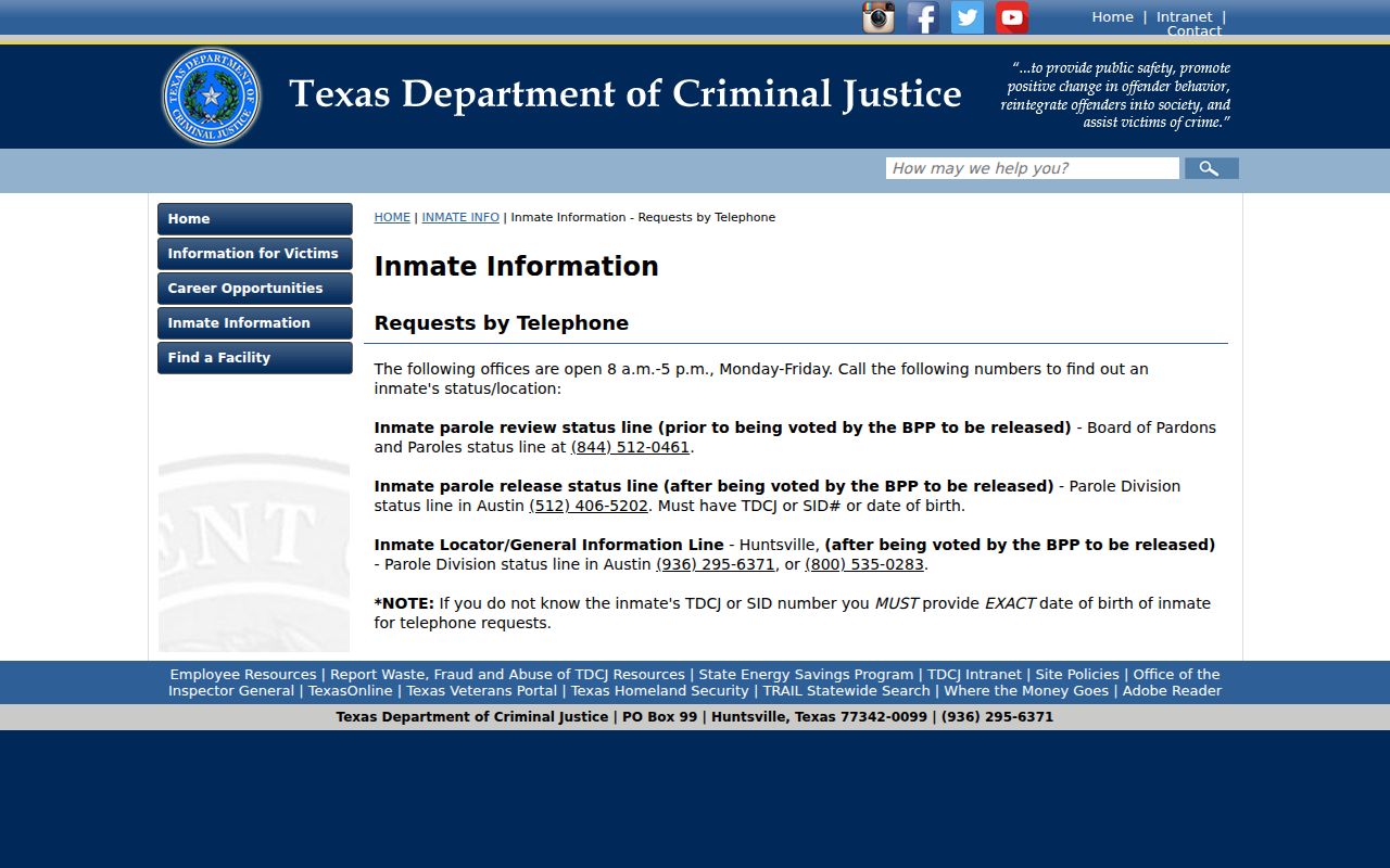 TDCJ telephone information lines for inmate and parole status
