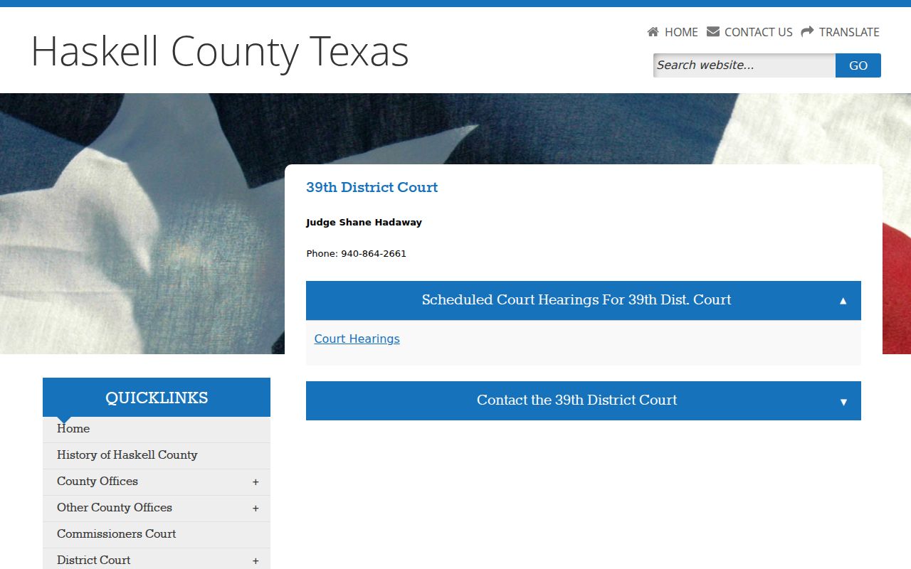 39th District Court page and hearing calendar link for Haskell County felony cases