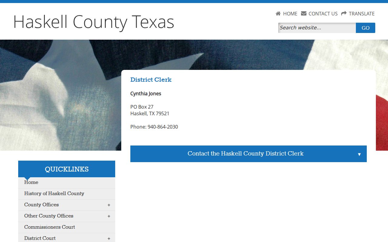 Haskell County District Clerk contact page for felony court case records