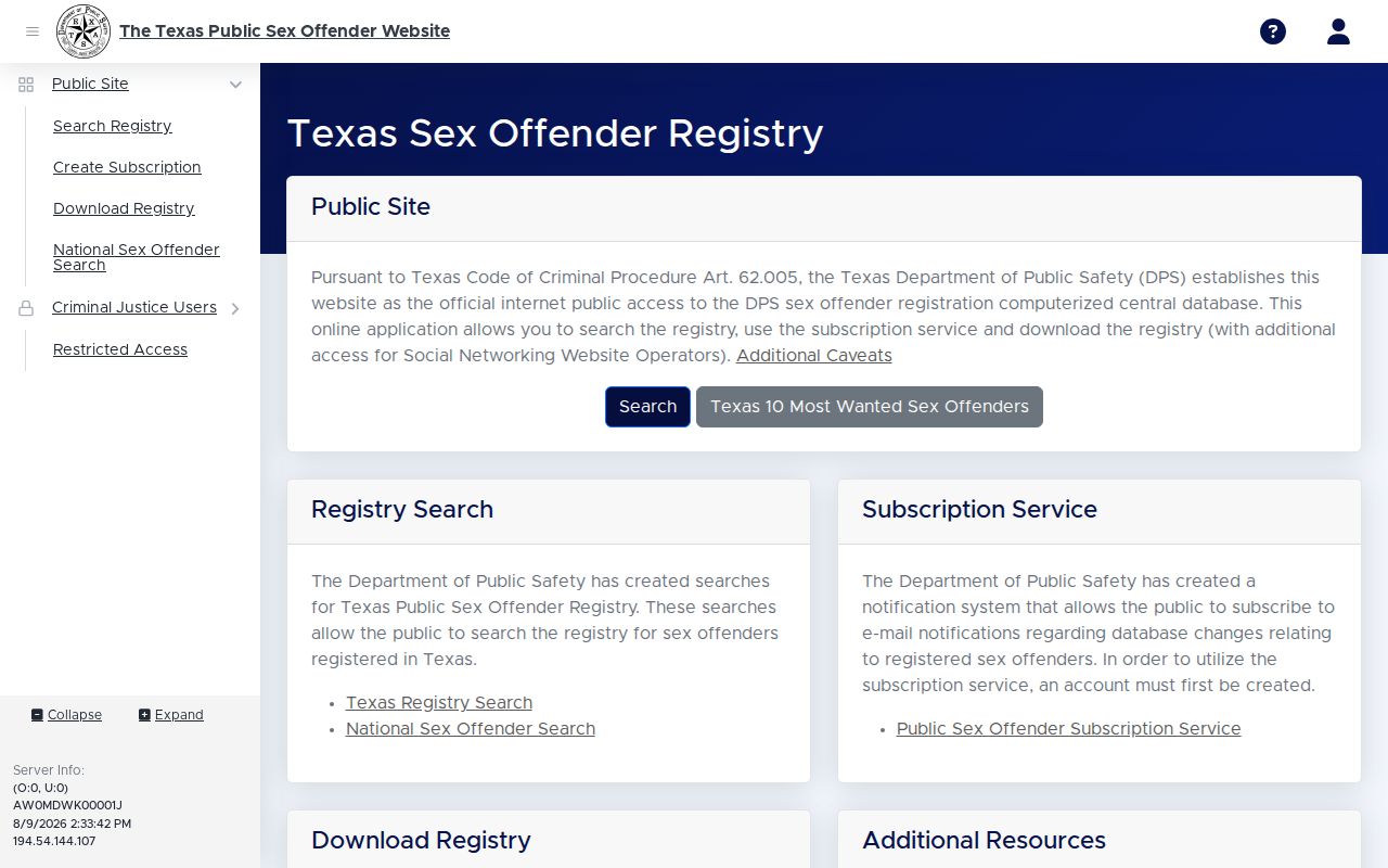 Haskell County sex offender search screen on the Texas registry